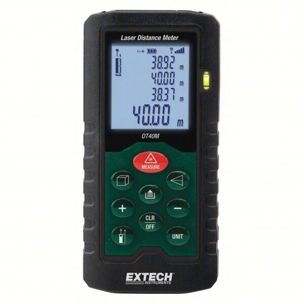 EXTECH Laser Distance Meter: Inch/Metric, 2 in – 131 ft, ± 0.08 in, AAA, Rubber, LCD, Red