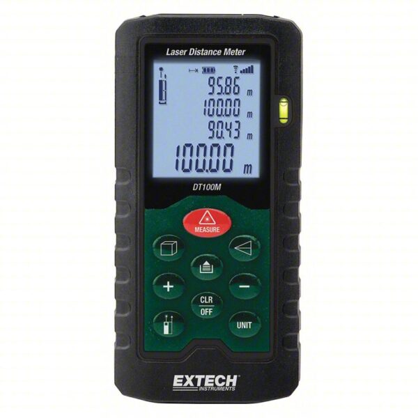 EXTECH Laser Distance Meter: Inch/Metric, 2 in – 330 ft, ± 0.08 in, AAA, Rubber, LCD, Red