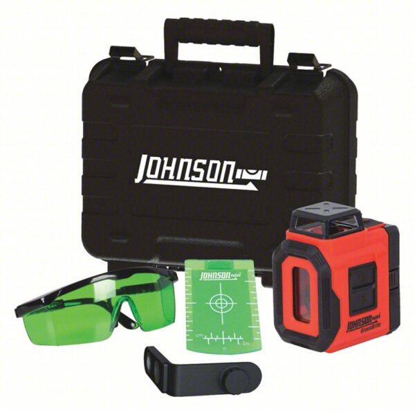 JOHNSON LEVEL Cross Line Laser: 2 Lines and 0 Dots, Green Beam, 0 Planes, ±3/16 in @ 30 ft Accuracy