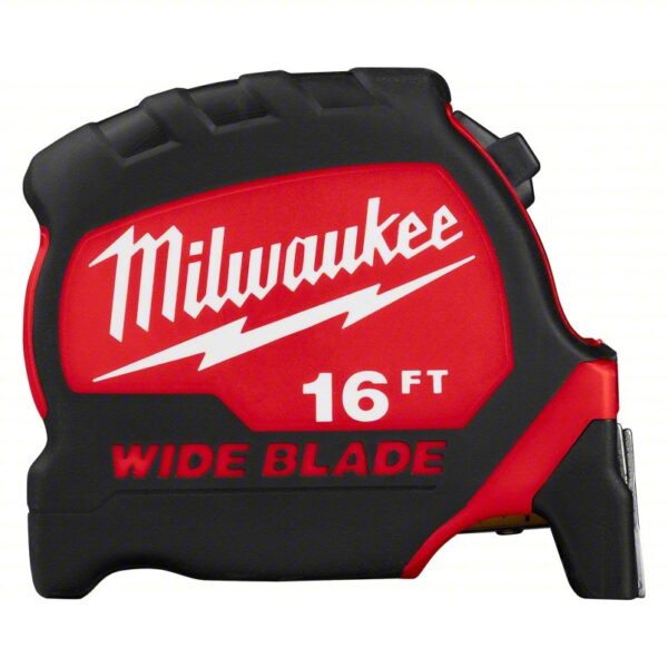 MILWAUKEE Tape Measure: Inch, Nonmagnetic Double Hook Tip, Plastic with Rubberized Grip, 16 ft, Auto