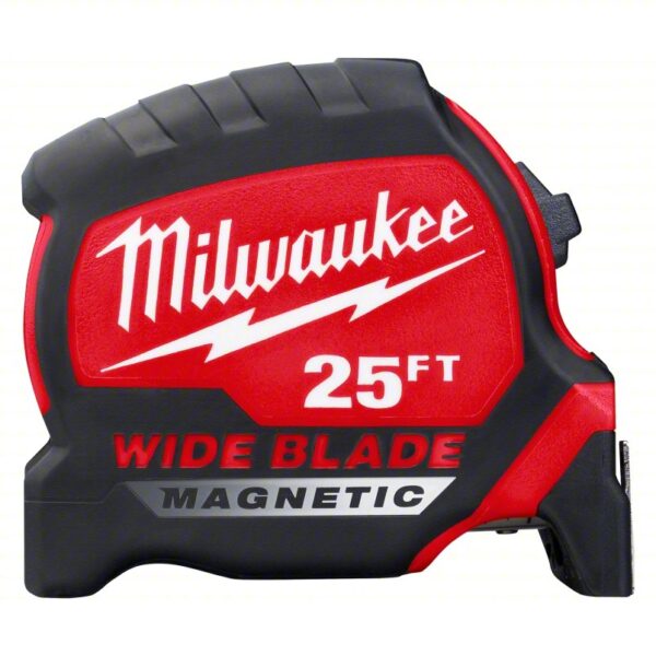 MILWAUKEE Tape Measure: Inch, Magnetic Double Hook Tip, Plastic with Rubberized Grip, 25 ft, 1/16 in