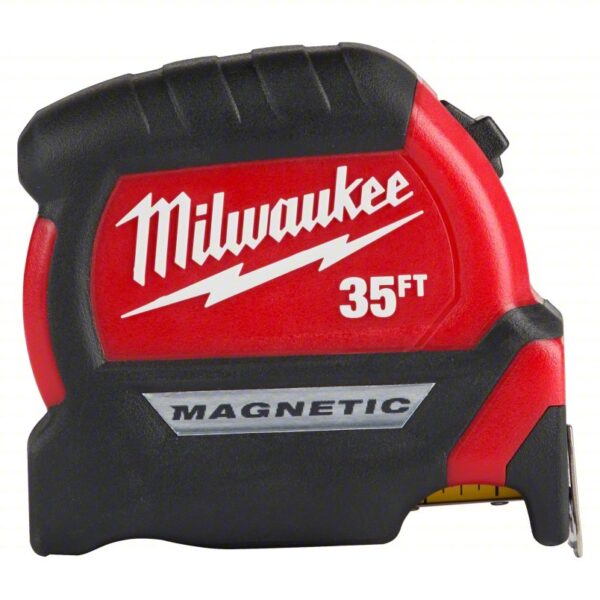 MILWAUKEE Tape Measure: Inch, Magnetic Double Hook Tip, Plastic with Rubberized Grip, 35 ft, 1/16 in