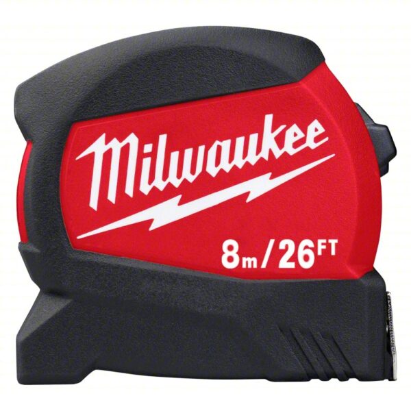 MILWAUKEE Tape Measure: Inch/Metric, Nonmagnetic Single Hook Tip, Plastic with Rubberized Grip, Auto