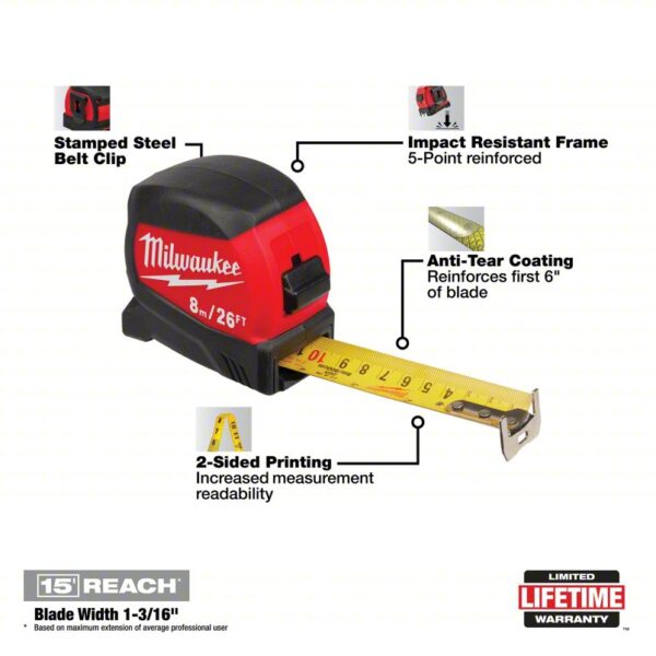 MILWAUKEE Tape Measure: Inch/Metric, Nonmagnetic Single Hook Tip, Plastic with Rubberized Grip, Auto - Image 2