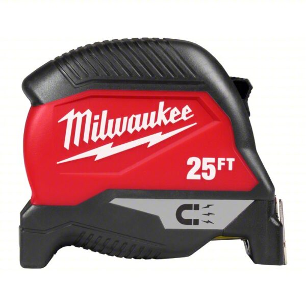 MILWAUKEE Tape Measure: Inch, Plastic, 25 ft, 12 ft Standout Lg, Wide Blade, 1/16 in, Manual Lock