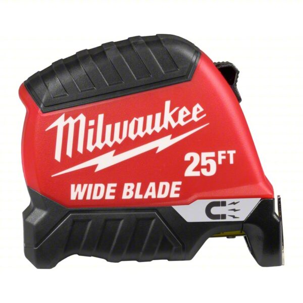 MILWAUKEE Tape Measure: Inch, Plastic, 25 ft, 15 ft Standout Lg, Wide Blade, 1/16 in, Manual Lock