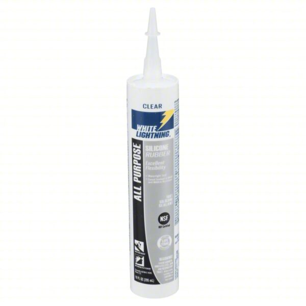 WHITE LIGHTNING Silicone Sealant: Silicone Rubber, Clear, 10 oz, Cartridge