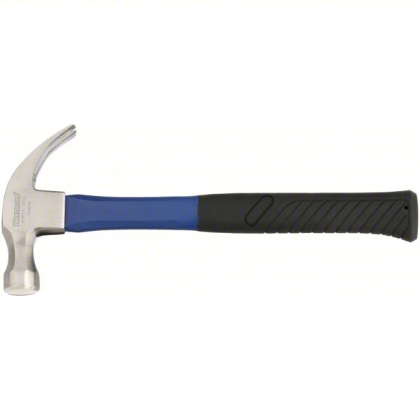 Curved Claw Hammer: Steel, Textured Grip, Fiberglass Handle, 20 oz Head Wt, 13 in Overall Lg, Smooth