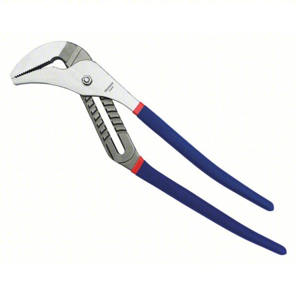 Tongue and Groove Plier: Flat, Groove Joint, 4 1/2 in Max Jaw Opening, 20 in Overall Lg, Serrated