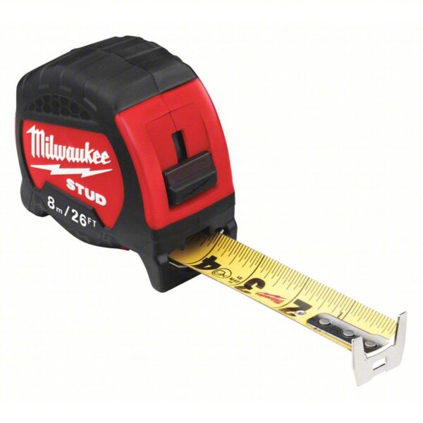 MILWAUKEE Tape Measure: Inch/Metric, Nonmagnetic Double Hook Tip, Plastic with Rubberized Grip, Auto