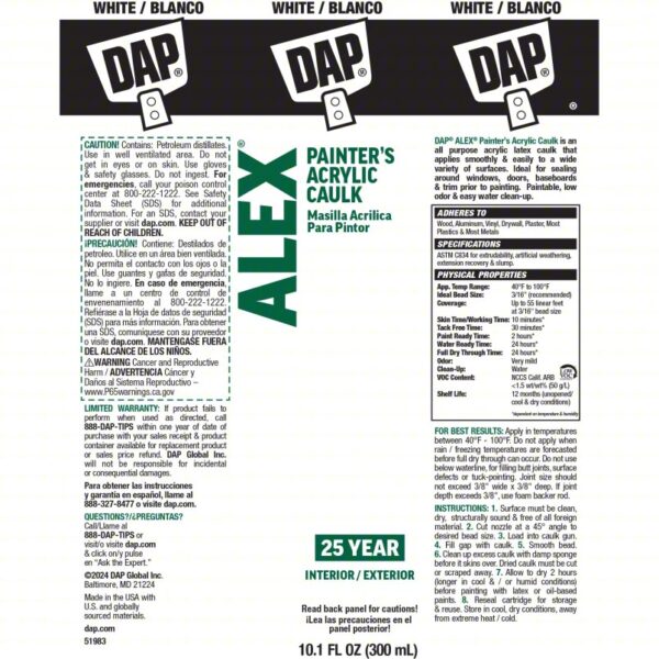 DAP Acrylic Latex Caulk: Alex Painter's, White, 10 oz Container Size, Cartridge - Image 3