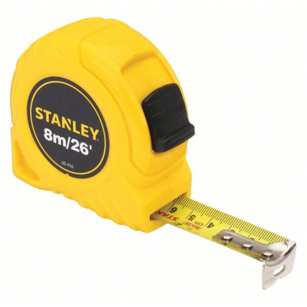 STANLEY Tape Measure: Inch/Metric, Nonmagnetic Single Hook Tip, Plastic, 26 ft / 8 m, Std Blade