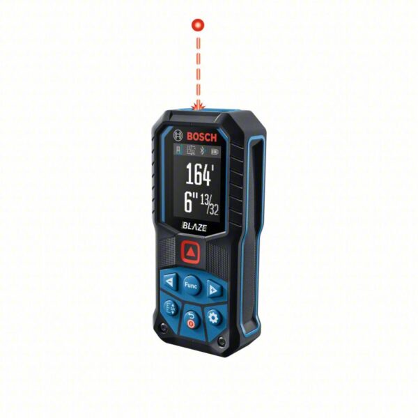 BOSCH Laser Distance Meter: Inch, 6 in – 165 ft, ± 0.0625 in, AA, Rubber, Bluetooth, Digital, Red