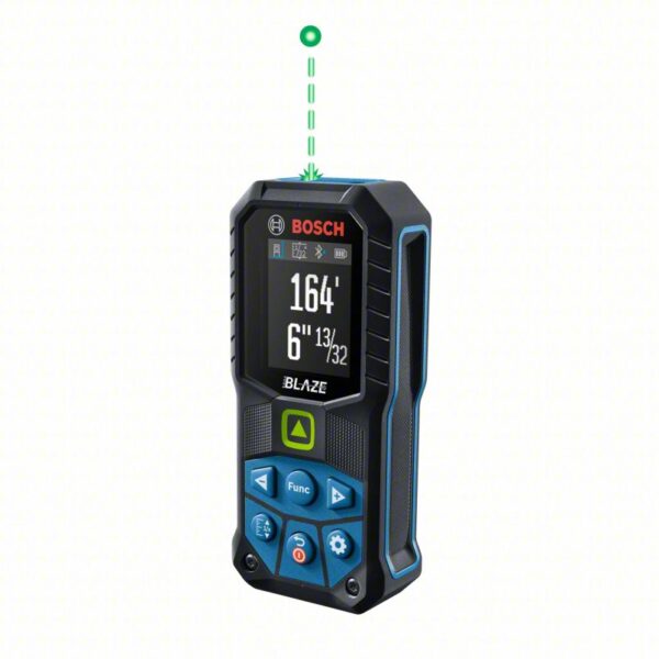 BOSCH Laser Distance Meter: Inch, 6 in – 165 ft, ± 0.0625 in, 3V, Rubber, Bluetooth, Digital, SAE