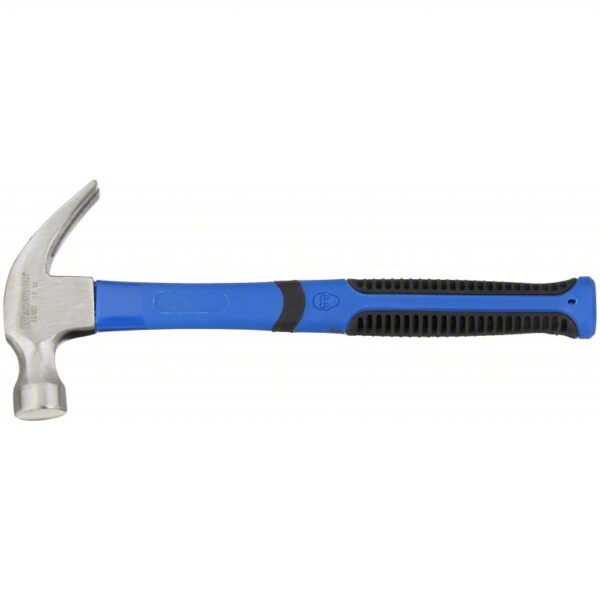 Curved Claw Hammer: Steel, Ribbed Grip, Fiberglass Handle, 16 oz Head Wt, 13 in Overall Lg, Smooth