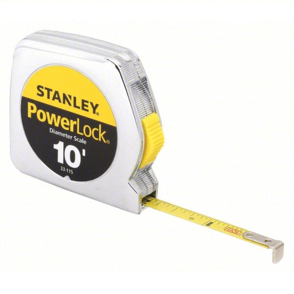 STANLEY Diameter Tape Measure: Loop Tip, Plastic, Narrow Blade, Silver, Steel, Yellow, 33-115