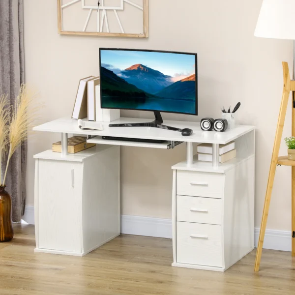 HOMCOM 47" Computer Desk with Keyboard Tray and Storage Drawers, Home Office Workstation Table with Storage Shelves, White