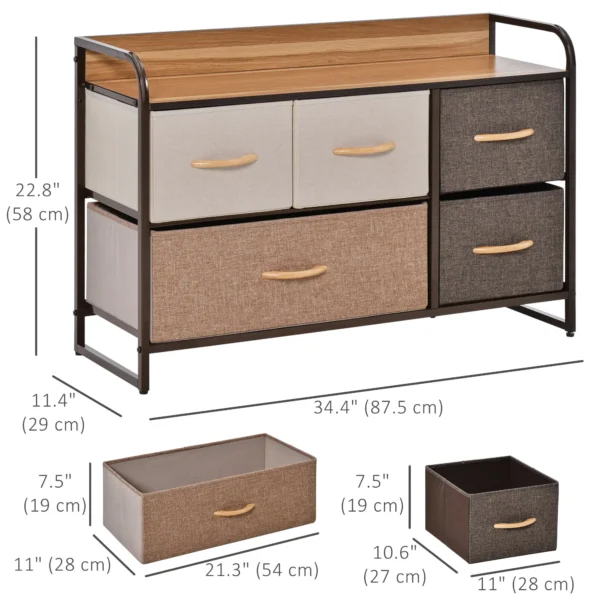 HOMCOM 5-Bin Dresser Storage Tower Cabinet Organizer Unit, Easy Pull Fabric Bins with Metal Frame for Bedroom - Image 5