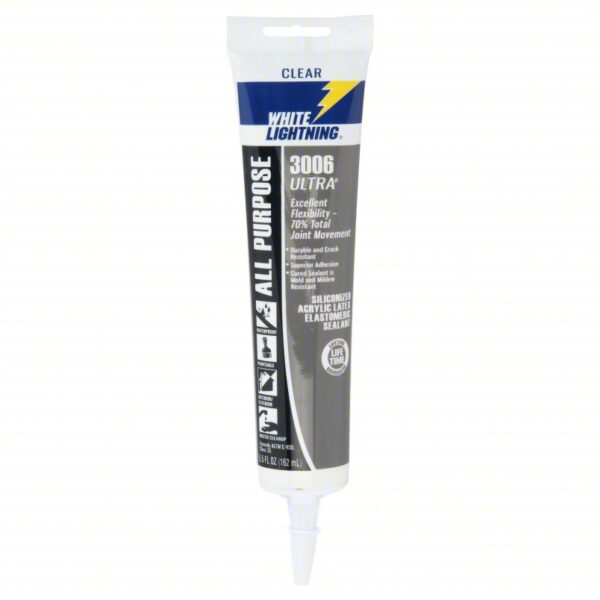 WHITE LIGHTNING Acrylic Latex Elastomeric Sealant: 3006 Ultra, Clear, 5 oz Container Size, Tube