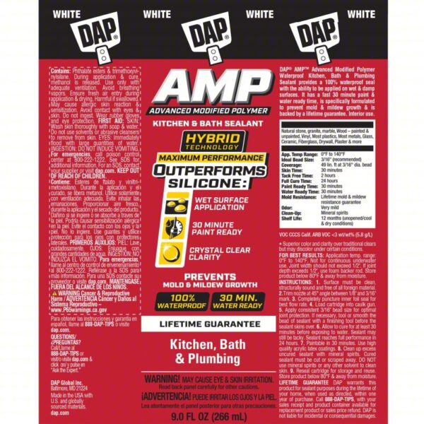 DAP Polymer Sealant: AMP Kitchen, Bath and Plumbing, White, 9 oz Container Size, Cartridge - Image 5