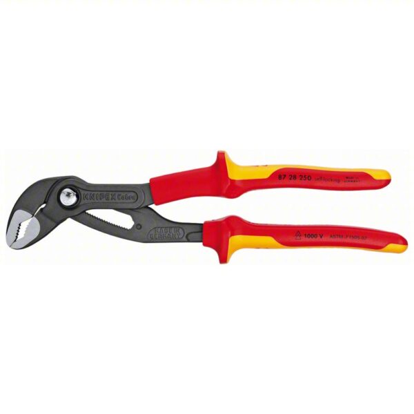 Water Pump Plier: Insulated, V, Push Button, 2 in Max Jaw Opening, 10 in Overall Lg, 1 1/8 in Jaw Wd