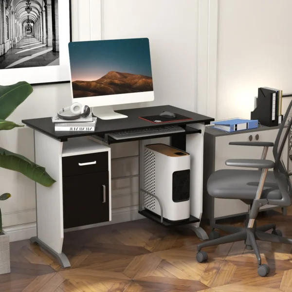 HOMCOM Computer Desk Table Home Office Furniture with Keyboard Tray and CPU Stand, Black and White - Image 3