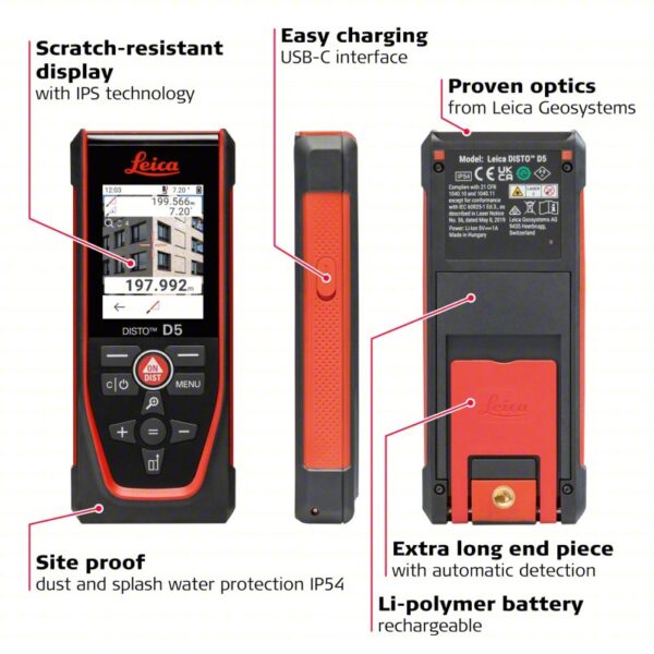 LEICA DISTO Laser Distance Meter: Metric, 0 m – 200 m, ± 1 mm, Li-Ion Rechargeable, ISP, Red - Image 4