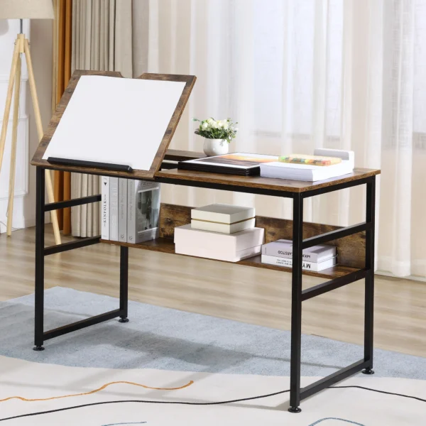 HOMCOM Adjustable Drafting Table Art Desk Drawing Table Craft Desk Workstation for Painting Multifunctional Writing Desk with Tiltable Tabletop and Storage Shelf Rustic Brown - Image 3