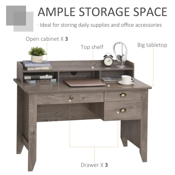 HOMCOM Computer Desk with Storage Hutch, Drawers, Shelf, Home Office Writing Table Study Workstation with Cable Management, Grey - Image 6