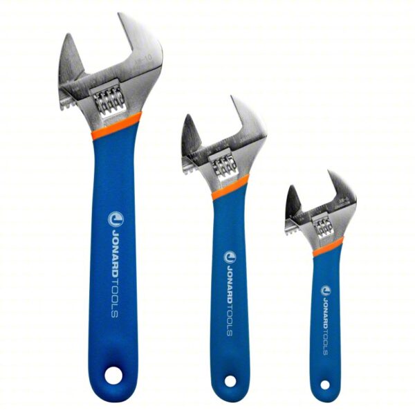 JONARD TOOLS Adjustable Wrench Set: Alloy Steel, Chrome, 15/16 in_1 1/8 in_1 5/16 in Jaw Capacity