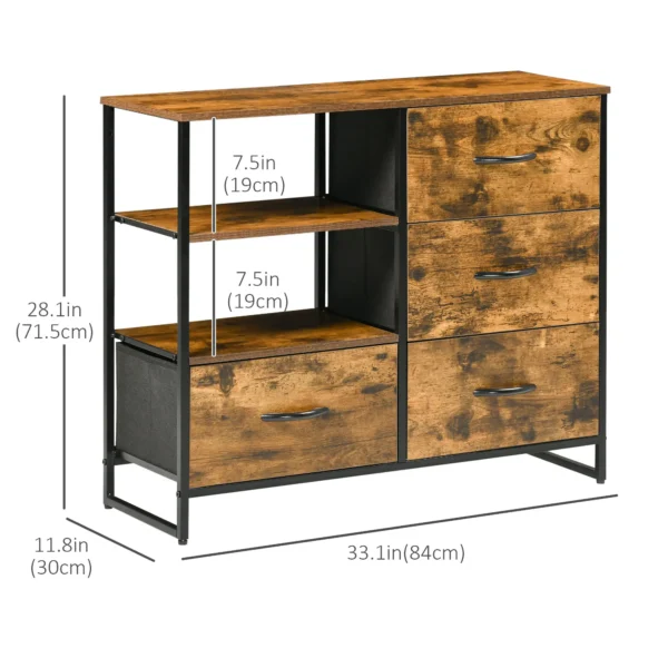 HOMCOM Living Room Storage Cabinet, Industrial Accent Cabinet with 4 Fabric Bins, 2 Open Shelves for Living Room, Rustic Brown - Image 3