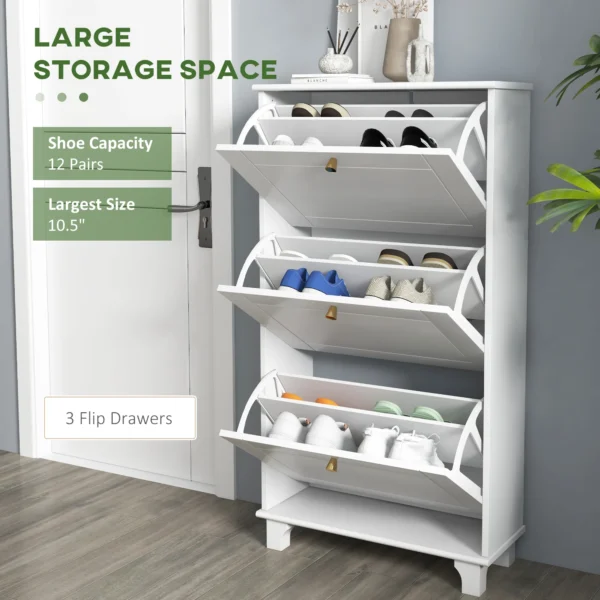 HOMCOM Narrow Shoe Storage with 3 Flip Drawers and Adjustable Shelves, Shoe Cabinet Organizer for 12 Pairs of Shoes, White - Image 5