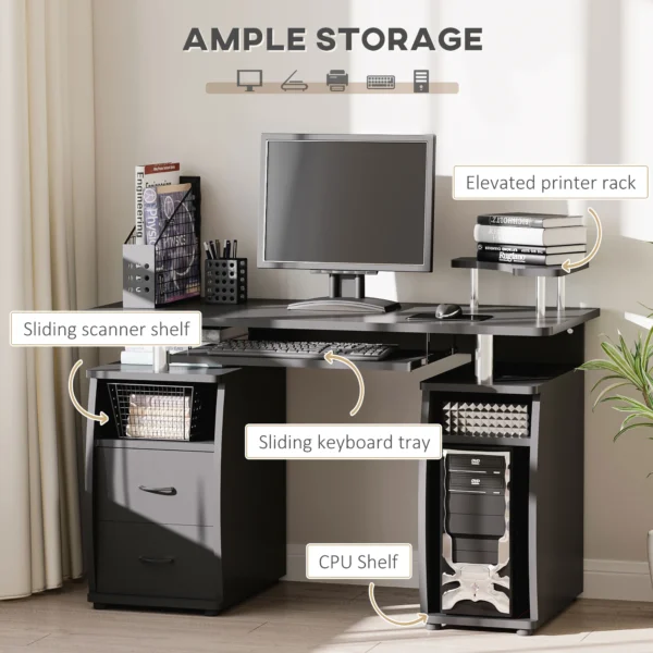 HOMCOM Computer Desk with Keyboard Tray, CPU Stand, Writing Desk with Drawers, Workstation for Home Office, Black - Image 4