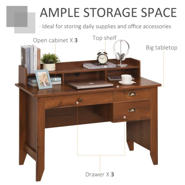 HOMCOM Computer Desk with Storage Hutch, Drawers, Shelf, Home Office Writing Table Study Workstation with Cable Management, Brown - Image 7