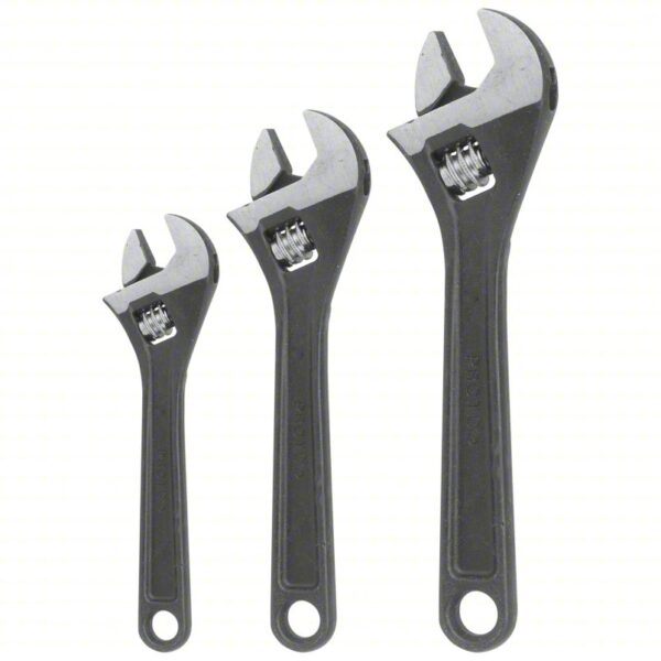 PROTO Adjustable Wrench Set: Alloy Steel, Black Oxide, 1 1/5 in_1 2/5 in_1 1/2 in Jaw Capacity