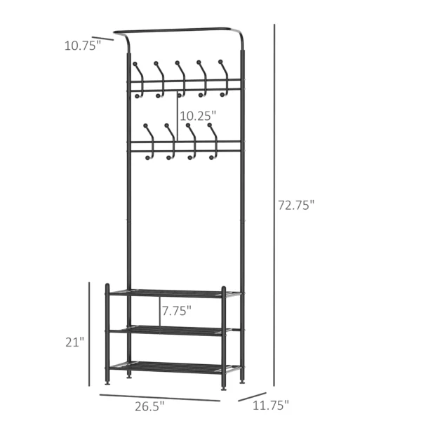 HOMCOM Heavy Duty 2-In-1 Metal Coat Stand, Coat Hanger, Shoe Rack Entryway Hall Tree with 3 Tier Shelves,18 Hooks, Black - Image 3