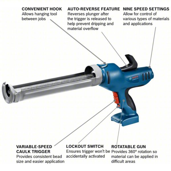 BOSCH Cordless Caulk Gun: 18V DC, Cartridge, 29 oz For Container Size, 18 in/min, (1) Bare Tool - Image 3