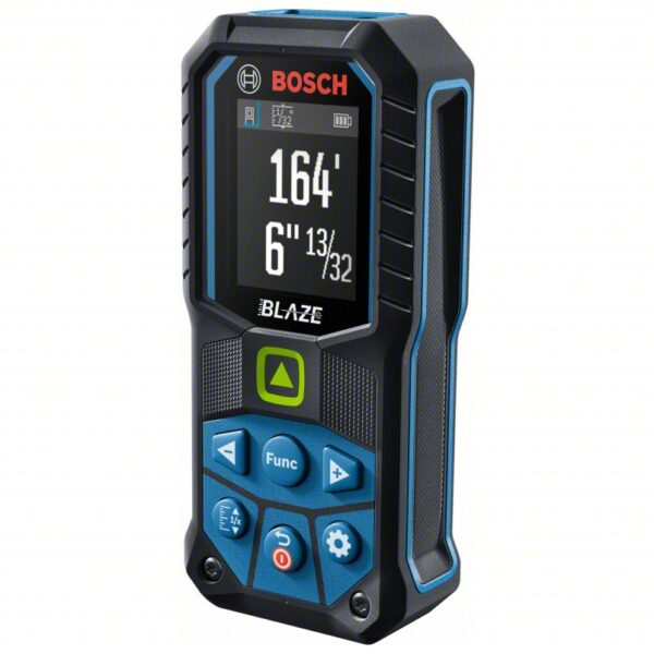 BOSCH Laser Distance Meter: Inch, 6 in – 165 ft, ± 0.0625 in, AA, Rubber, Digital, Green, SAE