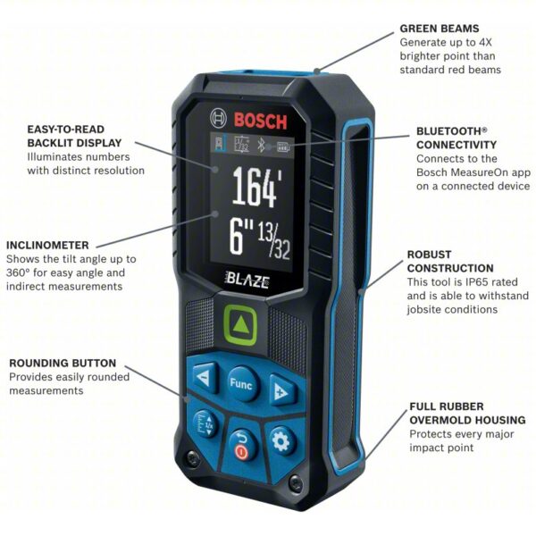 BOSCH Laser Distance Meter: Inch, 6 in – 165 ft, ± 0.0625 in, 3V, Rubber, Bluetooth, Digital, SAE - Image 2