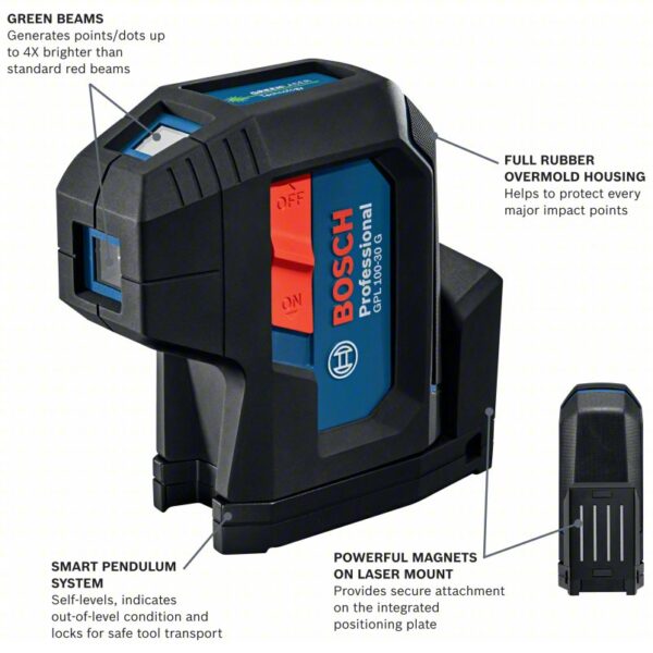 BOSCH Dot Laser: 0 Lines and 3 Dots, Green Beam, 0 Planes, 100 - 200 ft Range w/o detector, 0 Lines - Image 4