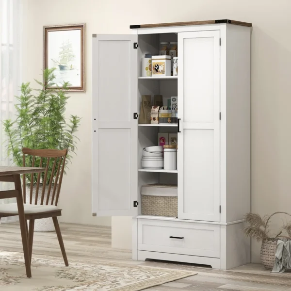 HOMCOM 69" Tall Farmhouse Kitchen Pantry Cabinet with 2 Doors, Drawer and Adjustable Shelves, White - Image 2