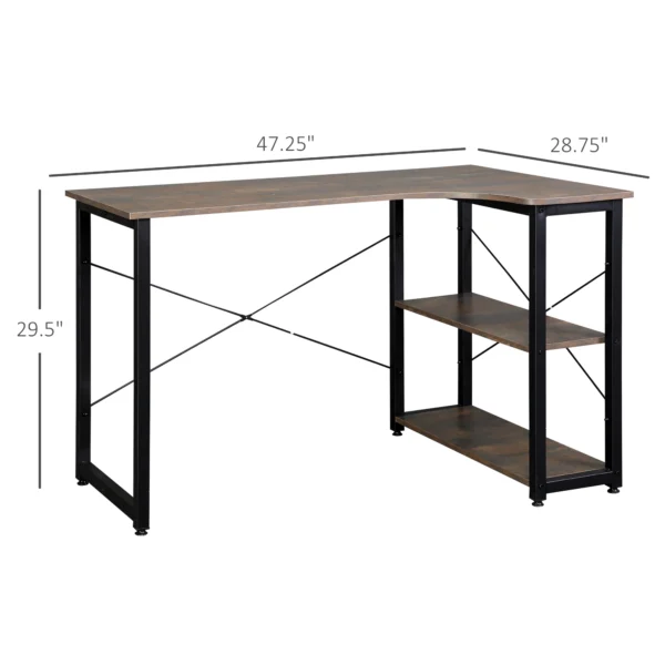 HOMCOM L-Shaped Computer Desk Home Office Corner Desk Study Workstation Table with 2 Shelves, Steel Frame, Brown - Image 2