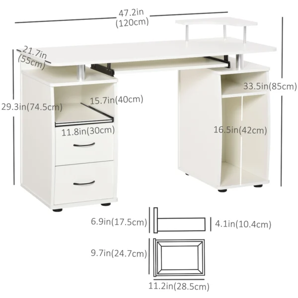 HOMCOM Computer Desk with Keyboard Tray, CPU Stand, Writing Desk with Drawers, Workstation for Home Office, White - Image 5