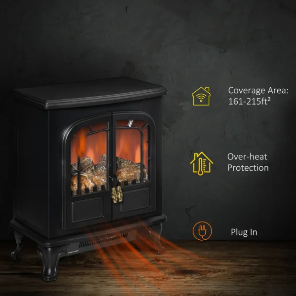 HOMCOM Electric Fireplace Stove Heater with LED Fire Flame Effect, Double Door, Freestanding & Portable with Overheat Protection, 750W/1500W, Black - Image 8