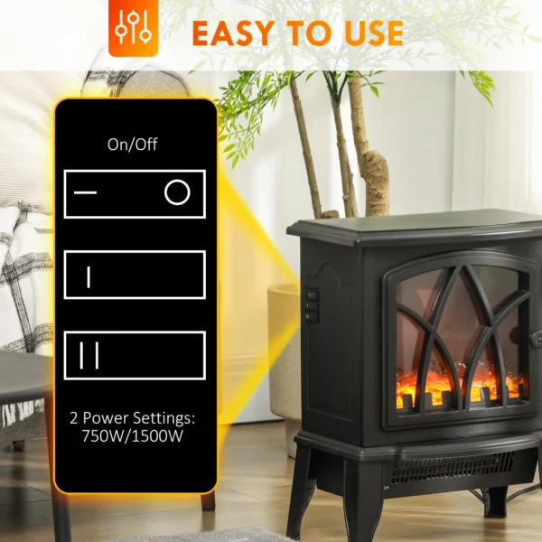 HOMCOM Electric Fireplace Heater, Freestanding Fireplace Stove with Realistic Flame and Overheat Protection, 750W/1500W, Black - Image 8