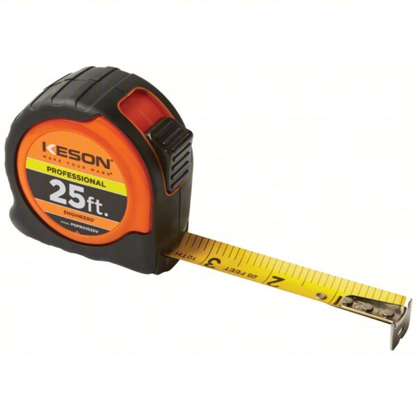 KESON Tape Measure: Inch/Metric, Nonmagnetic Single Hook Tip, Plastic with Rubberized Grip, 1/16 in