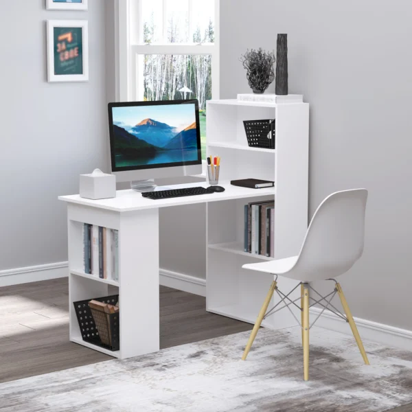 HOMCOM Modern Computer Desk with Storage Shelves, Writing Table Workstation with Bookshelf for Home Office, White - Image 6