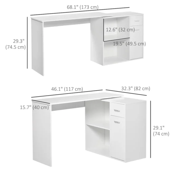 HOMCOM 180° Rotating Home Office Corner Desk Storage Shelf Cabinet White - Image 3