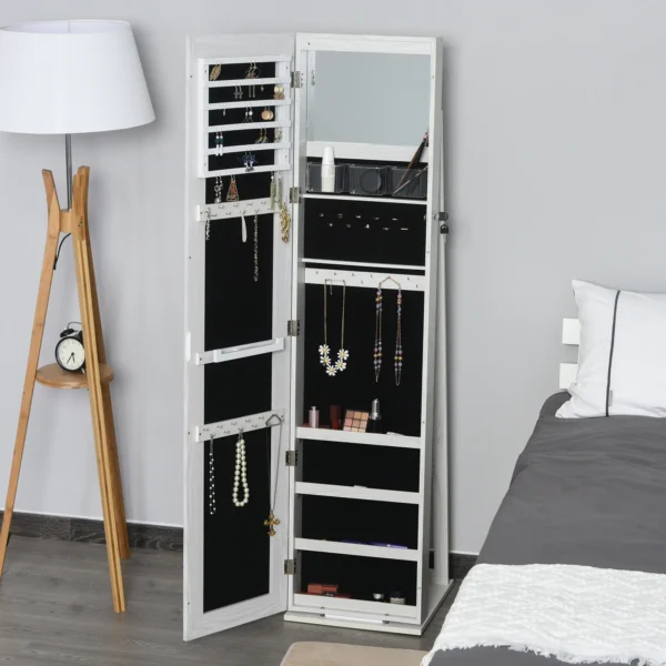 HOMCOM Jewelry Cabinet, Lockable Storage Organizer with Full-Length Mirror, LED Lights, Standing Jewelry Armoire in White Wood - Image 5