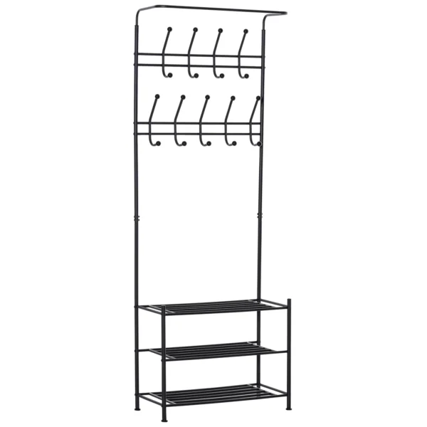 HOMCOM Heavy Duty 2-In-1 Metal Coat Stand, Coat Hanger, Shoe Rack Entryway Hall Tree with 3 Tier Shelves,18 Hooks, Black - Image 5